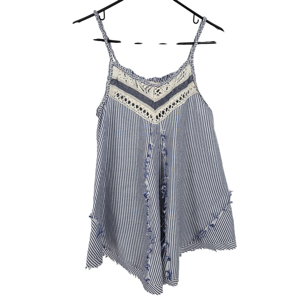 Altar’d State Blue White Striped Crochet Lace Trim V-Neck Asymmetric Cami Top M